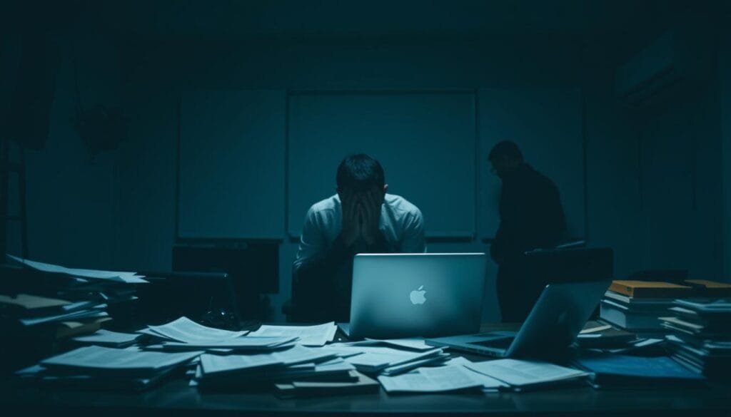 A dimly lit office space, with a sense of uncertainty and unease. In the foreground, a cluttered desk with scattered documents and a lone laptop, symbolizing the logistical challenges of drop shipping. The middle ground features a person, shoulders slumped, face obscured, representing the risks and stresses of the business model. In the background, a shadowy figure lurks, hinting at the exposure to errors beyond one's control. The lighting is low and moody, creating a sense of tension and foreboding. The overall atmosphere conveys the "Desventajas y riesgos" of drop shipping, with an emphasis on the narrow margins, unreliable shipping, and the vulnerability to mistakes made by others.