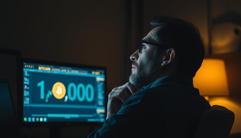 A dimly lit room, the warm glow of a computer screen casting a soft light on the face of a man deep in thought. On the screen, a digital representation of 10,000 Bitcoins, their value barely a blip on the financial radar. The man leans back, a contemplative expression as he considers the potential of this new digital currency. The scene is rich in detail, capturing the weight of the decision, the significance of the moment - the first commercial transaction using this revolutionary technology. The image should convey a sense of history in the making, a pivotal point in the journey of Bitcoin and the financial revolution it would spark.