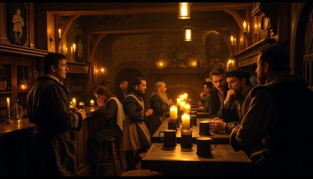 A dimly lit tavern interior in 16th century England, with a wooden bar and stools, pewter mugs, and flickering candles. In the foreground, a group of gentlemen in ornate doublets and hose engaged in a lively discussion, with a maid discreetly collecting tips from their table. The middle ground reveals other patrons enjoying ale and conversation, while the background showcases period architectural details like stone fireplaces and wood-beamed ceilings. The scene is bathed in a warm, golden glow, evoking a sense of historic charm and social interaction. Elegant, cinematic, and true to the era.