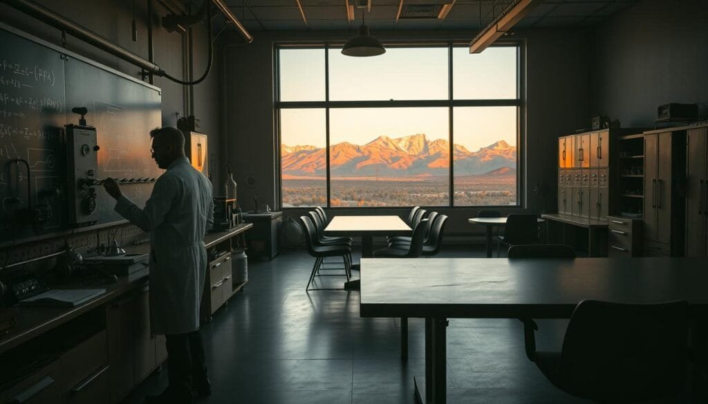 A dimly lit vintage laboratory, with scientific instruments and equipment scattered across the workbenches. In the foreground, a physicist in a crisp white lab coat is studying a chalkboard covered in equations and diagrams, deep in contemplation. The middle ground features a series of sleek, mid-century modern chairs gathered around a long conference table, hinting at the collaborative nature of this historical moment. In the background, a large window looks out onto the rugged landscape of Los Alamos, with the Sangre de Cristo mountains looming in the distance, bathed in the warm glow of the setting sun. The overall atmosphere is one of intellectual rigor, scientific discovery, and the weight of history. A dimly lit vintage laboratory, with scientific instruments and equipment scattered across the workbenches. In the foreground, a physicist in a crisp white lab coat is studying a chalkboard covered in equations and diagrams, deep in contemplation. The middle ground features a series of sleek, mid-century modern chairs gathered around a long conference table, hinting at the collaborative nature of this historical moment. In the background, a large window looks out onto the rugged landscape of Los Alamos, with the Sangre de Cristo mountains looming in the distance, bathed in the warm glow of the setting sun. The overall atmosphere is one of intellectual rigor, scientific discovery, and the weight of history.
