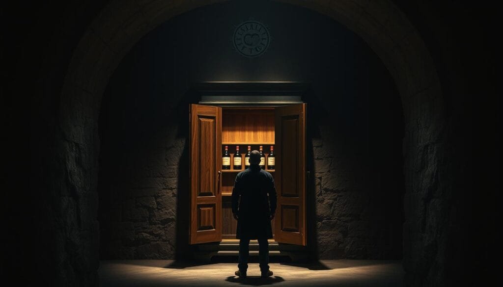 A dimly lit wine cellar, the air thick with the scent of oak and the whispers of a timeless legend. In the center, a solitary figure stands before a weathered wooden cabinet, its door ajar, revealing the coveted "Casillero del Diablo" bottles within. The light casts shadows that dance across the stone walls, hinting at the supernatural forces that once guarded these precious vintages. The scene is bathed in a rich, moody chiaroscuro, capturing the essence of the iconic Concha y Toro brand and the mystique that has endured for generations.
