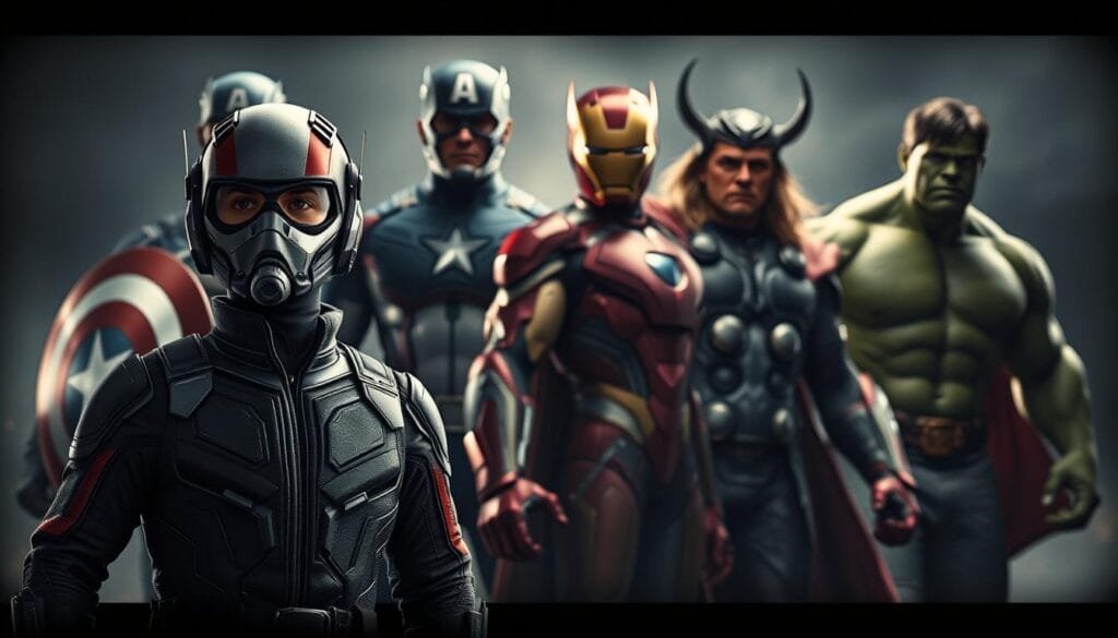 A dramatic and cinematic scene of the founding Avengers cast, highlighted against a moody, atmospheric backdrop. In the foreground, the diminutive figure of Hank Pym/Ant-Man stands resolute, his cybernetic helmet casting a determined expression. Behind him, the larger-than-life icons of the Avengers assemble - Captain America, Iron Man, Thor, and the Hulk, their heroic poses conveying a sense of power and unity. The lighting is dramatic, with deep shadows and highlights that accentuate the characters' features and costumes. The overall composition creates a sense of historical significance, as if capturing a pivotal moment in the nascent Avengers' legacy.