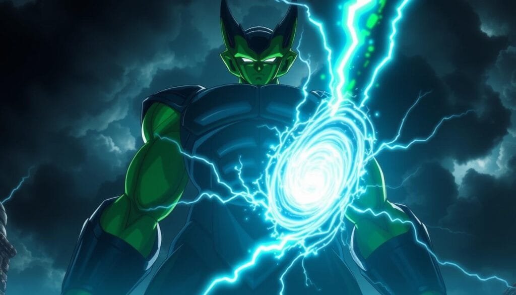 A dramatic, cinematic scene of the Dragon Ball universe. In the foreground, a towering, muscular figure with sinister green skin and black armor - Cell, the android villain. His eyes glow with menacing power, as he stands tall and imposing, ready to unleash his wrath. In the middle ground, a swirling vortex of energy, crackling with electricity, hinting at the intense battles to come. In the background, a dark, ominous sky, with storm clouds gathering, casting an ominous atmosphere. The lighting is dramatic, with harsh shadows and highlights, emphasizing the sense of danger and impending conflict. The camera angle is low, looking up at Cell, amplifying his size and power. An epic, cinematic composition that captures the essence of the Dragon Ball universe and the formidable presence of Cell.