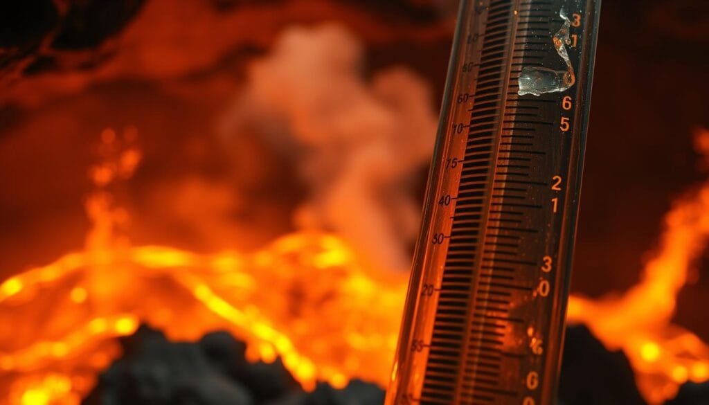 A dramatic close-up of a thermometer measuring the scorching temperatures inside an active volcano, with glowing molten rock bubbling and hissing in the background. The mercury column is pushed to its limit, the glass casing partially melted by the intense heat. Beams of light pierce through the hazy, sulfurous atmosphere, casting sharp shadows and highlighting the precarious nature of life in this extreme environment. The overall composition conveys the immense power and inhospitable conditions that microorganisms must adapt to in order to thrive within the fiery depths of a volcano.