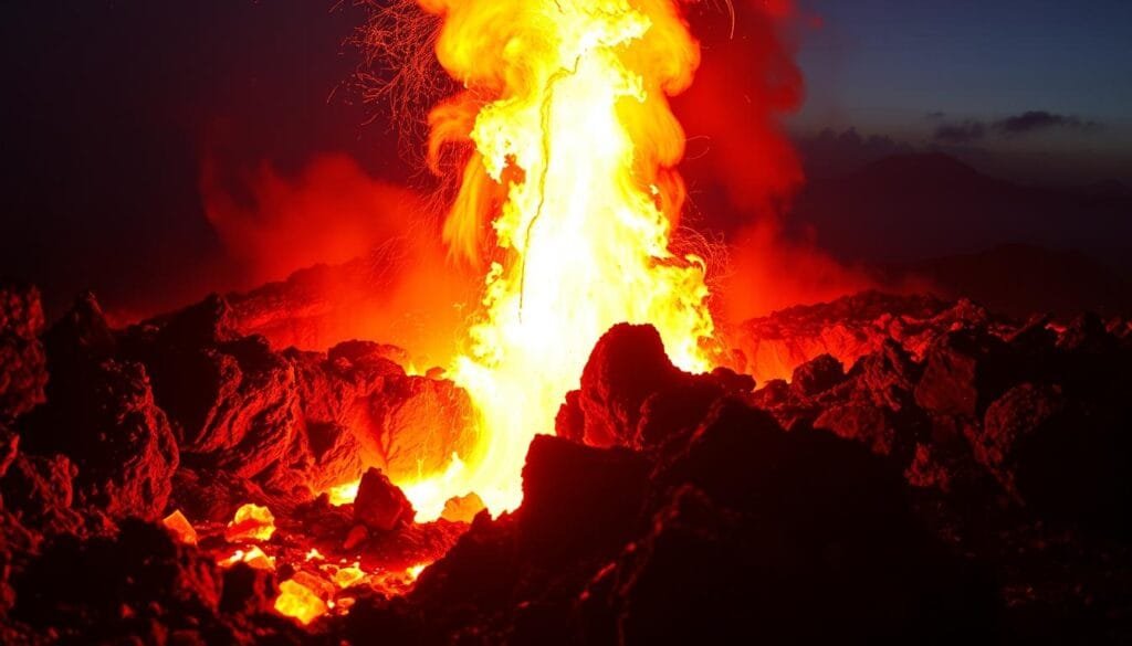 A dramatic scene of a volcanic vent spewing forth a torrent of brilliant, luminescent "energía" - a swirling, incandescent plume of multicolored gases and molten minerals erupting from the depths of the earth. In the foreground, jagged, rust-colored rocks and crystalline formations glint in the intense glow, while in the background, a hazy, sulfurous mist obscures the faint silhouettes of distant volcanic peaks. The lighting is harsh and directional, casting deep shadows that accentuate the raw, primal power of this geothermal phenomenon. The overall mood is one of awe-inspiring, almost alien beauty - a testament to the incredible, chemosynthetic energy that sustains life in these extreme, sunless environments.