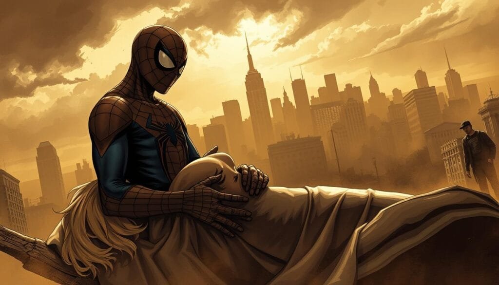 A dramatic, sepia-toned illustration of a pivotal moment in comic book history. In the foreground, a weary, grieving Spider-Man cradles the lifeless body of Gwen Stacy, her blonde hair cascading down. In the middle ground, a city skyline silhouetted against an ominous, stormy sky, symbolizing the end of an era. In the background, ghostly images of iconic Silver Age heroes fade away, giving way to a new, grittier age. Dramatic chiaroscuro lighting casts deep shadows, heightening the somber, melancholic tone. Rendered in a realistic, painterly style that captures the weight and gravity of this seminal event.