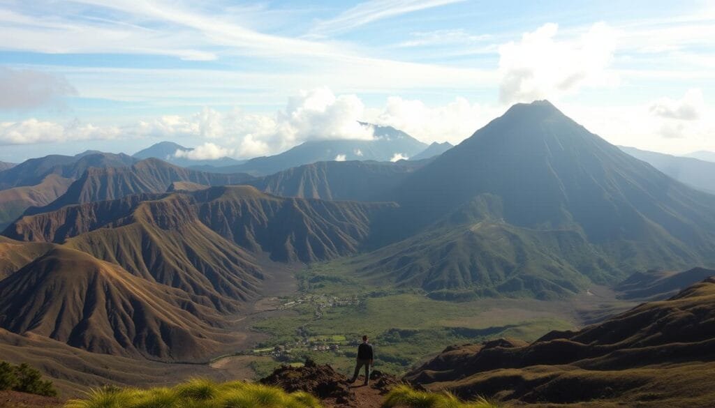 A dramatic, sweeping landscape of volcanic calderas, their jagged, craggy rims rising from a lush, verdant valley. Sunlight filters through wispy clouds, casting warm, golden tones across the scene. In the foreground, a lone figure stands, silhouetted against the towering, rugged peaks, a testament to the power and grandeur of the natural world. The image conveys a sense of awe and wonder, hinting at the magnitude of the Earth's internal forces that have shaped this incredible terrain. The scene is captured through the lens of a wide-angle camera, emphasizing the scale and majesty of the calderas. A dramatic, sweeping landscape of volcanic calderas, their jagged, craggy rims rising from a lush, verdant valley. Sunlight filters through wispy clouds, casting warm, golden tones across the scene. In the foreground, a lone figure stands, silhouetted against the towering, rugged peaks, a testament to the power and grandeur of the natural world. The image conveys a sense of awe and wonder, hinting at the magnitude of the Earth's internal forces that have shaped this incredible terrain. The scene is captured through the lens of a wide-angle camera, emphasizing the scale and majesty of the calderas.