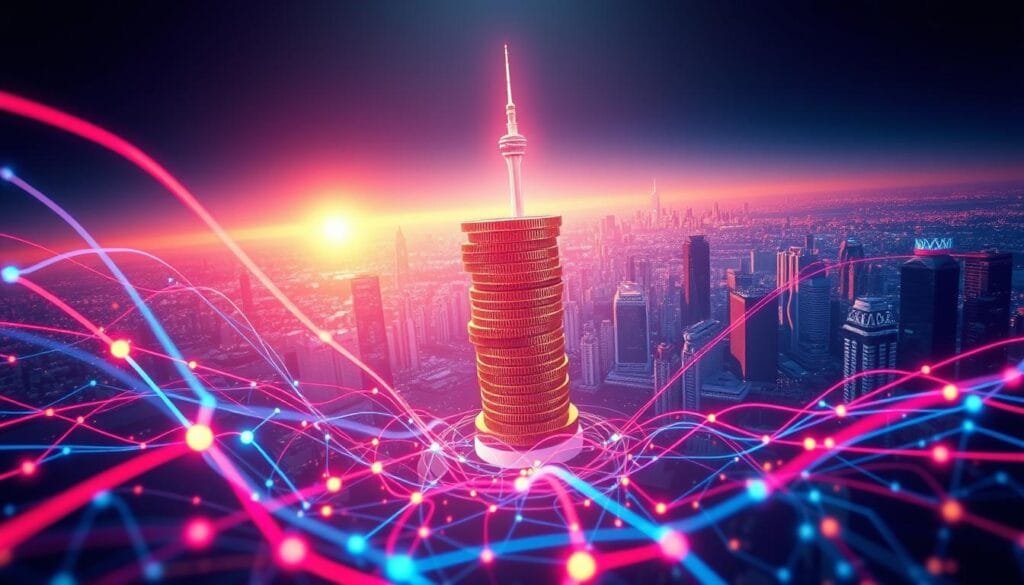 A dynamic 3D illustration depicting the flow of digital transactions. In the foreground, a stylized data network showcases the fast, efficient exchange of cryptocurrencies, with vibrant neon lines tracing the paths of transactions. In the middle ground, a towering stack of digital coins represents the wealth and potential of the crypto ecosystem. In the background, a vast, futuristic cityscape stretches out, hinting at the global, decentralized nature of the financial system. The scene is bathed in a warm, ethereal glow, conveying a sense of progress and innovation. Detailed textures, realistic lighting, and a cinematic camera angle combine to create a striking, technically impressive image.