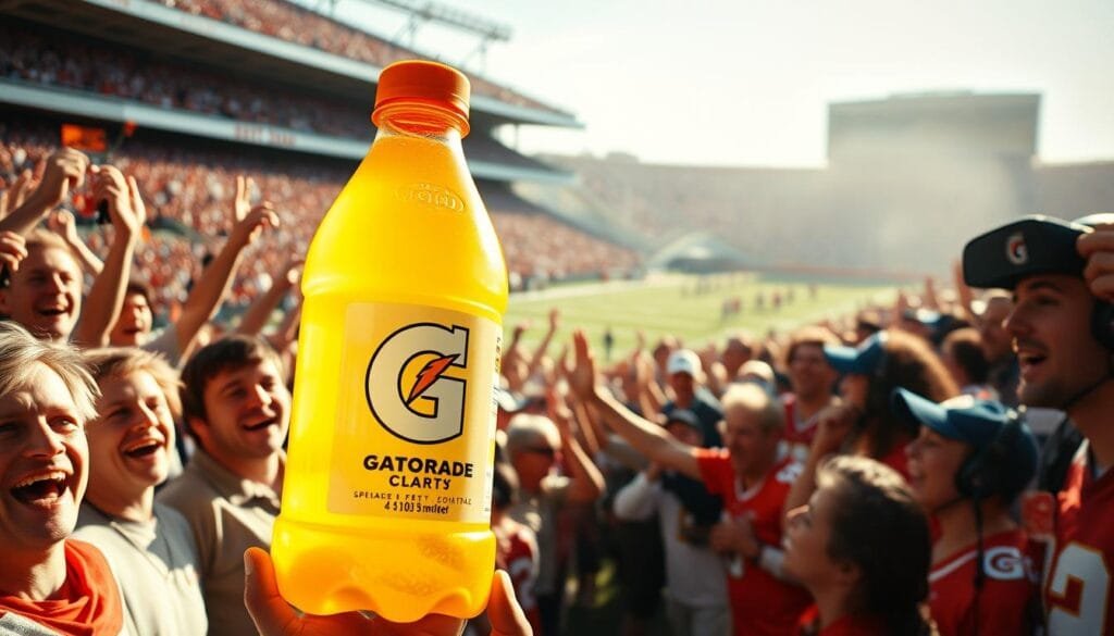 A dynamic and vibrant scene of the early commercial success of Gatorade. In the foreground, a crowd of enthusiastic athletes and fans cheering and celebrating the game-changing sports drink, their faces filled with excitement. In the middle ground, a large Gatorade sports bottle prominently displayed, its iconic design and bold colors commanding attention. The background depicts the bustling sidelines of a football stadium, with coaches, trainers, and team staff hustling about, reflecting the intense energy and competitive spirit that fueled Gatorade's creation. Warm, natural lighting casts a glow over the scene, evoking a sense of triumph and accomplishment. The overall composition conveys the transformative impact of Gatorade on the world of sports, showcasing its pivotal role in the history of athletic performance and hydration.