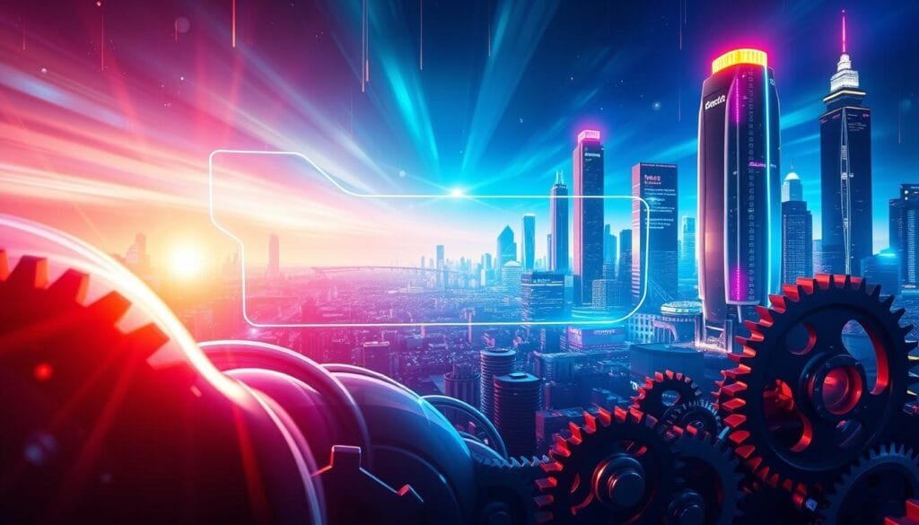 A dynamic and visually striking depiction of "acciones" (actions) that captures the essence of the Netscape founder's key moments. Set against a vibrant, futuristic backdrop, the foreground showcases a series of fluid, interlocking gears and cogs, representing the intricate workings and pivotal events that catalyzed Netscape's meteoric rise. The middle ground features a sleek, holographic display showcasing a timeline of milestones, with each step illuminated by a warm, radiant glow. In the background, a cityscape of towering, tech-infused skyscrapers and pulsing neon lights, symbolizing the dynamic, ever-evolving landscape of Silicon Valley. The overall composition conveys a sense of momentum, innovation, and the unstoppable force that propelled the Netscape founder's success.