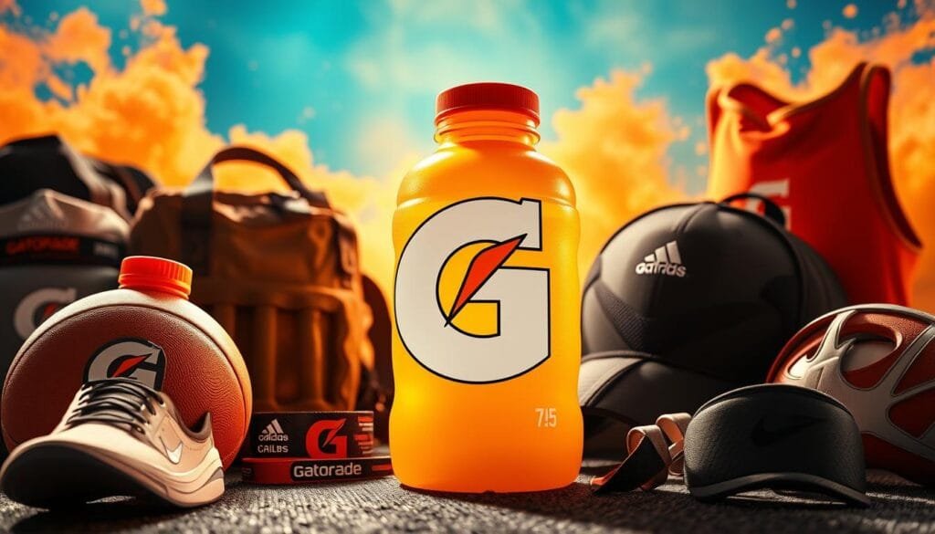A dynamic sports portfolio with the Gatorade logo prominently displayed, set against a vibrant, energetic background. The portfolio features athletic equipment and gear in a visually striking arrangement, conveying a sense of momentum and global reach. Warm, directional lighting illuminates the scene, casting dramatic shadows and highlights. The composition is balanced, with a strong focal point on the portfolio, surrounded by ancillary elements that reinforce the brand's association with high-performance sports and active lifestyles. An air of professionalism and competitive spirit permeates the image, reflecting the global impact and influence of the Gatorade brand.