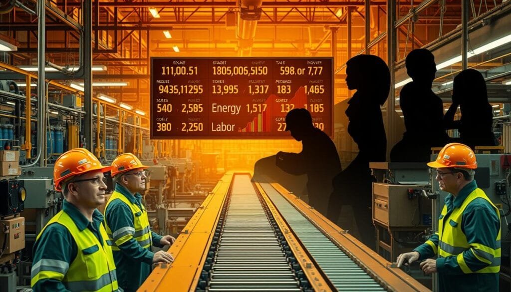 A factory floor with machinery and conveyor belts, illuminated by warm industrial lighting. In the foreground, workers in protective gear are grappling with rising production costs, evident in their concerned expressions. The middle ground features a display board with fluctuating numbers and charts, symbolizing the impact of inflation on manufacturing. In the background, shadows of cost factors like raw materials, energy, and labor loom large, creating a sense of growing pressure on the production process. The overall atmosphere conveys the challenges faced by the industry due to increased production expenses.