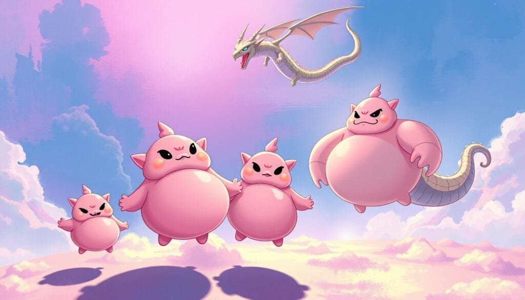 A fantastical illustration of "dragon ball nombre", capturing the playful and imaginative spirit of the iconic anime series. In the foreground, a trio of whimsical, rotund Majin Buu characters float in a dreamlike, pastel-hued realm, their bodies crafted from swirling, bubbly forms. The middle ground features a dynamic, brushstroke-inspired backdrop of vibrant blues and purples, hinting at the mystical energies of the Dragon Ball universe. In the distance, a majestic, serpentine dragon soars through the ethereal landscape, its scales shimmering with an otherworldly glow. Dramatic lighting casts dramatic shadows, evoking a sense of wonder and magic. The overall composition conveys the creative process and influences behind the Majin Buu characters, blending the playful "Bibidi-Babidi-Boo" mantra with Toriyama's distinctive artistic vision.