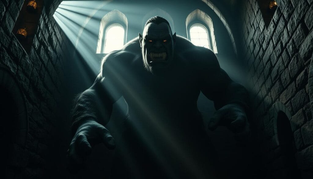 A fearsome, towering ogre standing in a dimly lit, medieval-style chamber. The ogre's massive frame is shrouded in shadows, with only glimpses of its hulking silhouette and glowing, menacing eyes visible. The chamber's walls are lined with weathered stone, casting an ominous atmosphere. Beams of light filter in through narrow windows, creating dramatic chiaroscuro lighting that accentuates the ogre's imposing presence. The ogre's facial features are grotesque and exaggerated, with a prominent brow, protruding fangs, and a twisted, gnarled expression. The creature's hands are large and clawed, conveying its raw, bestial power. An air of ancient, primal terror permeates the scene, reflecting the folkloric origins and fearsome reputation of the ogre archetype.
