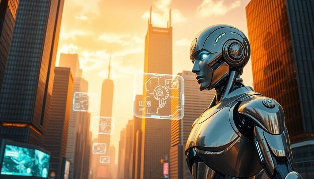 A futuristic cityscape bathed in a warm, golden glow. In the foreground, a sleek, state-of-the-art robot stands tall, its metallic body reflecting the light. Its eyes glow with an intelligent, pensive expression, hinting at the profound capabilities of artificial intelligence. In the middle ground, holographic displays float in the air, showcasing cutting-edge technological advancements. The background features towering skyscrapers, their facades adorned with dynamic, responsive surfaces that hint at the integration of AI-powered systems. The overall scene conveys a sense of progress, innovation, and the boundless potential of artificial intelligence to shape the future.