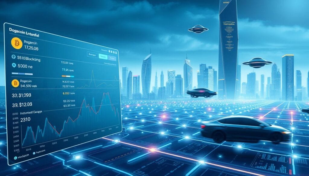 A futuristic digital landscape with a dynamic, high-speed financial transaction interface. In the foreground, a sleek, minimalist cryptocurrency exchange dashboard showcases rapid, real-time data visualizations of Dogecoin trades. The middle ground features a network of interconnected blockchain nodes, their holographic connections pulsing with energy. In the background, a cityscape of skyscrapers and hovering vehicles, bathed in a cool, neon-tinged lighting, symbolizing the technological advancement and accessibility of Dogecoin's infrastructure. The overall composition conveys a sense of efficiency, innovation, and the seamless integration of cryptocurrency into the modern digital economy.