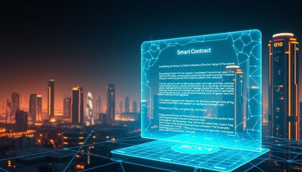 A futuristic scene depicting the evolution of blockchain technology, showcasing the transition from Bitcoin to smart contracts. In the foreground, a holographic display presents the intricate workings of a smart contract, its digital terms and conditions shimmering with a sleek, high-tech aesthetic. In the middle ground, a network of interconnected nodes represents the decentralized blockchain infrastructure, with data flows and transactions visualized as intricate lines of code. The background features a cityscape of towering skyscrapers, their facades adorned with symbolic representations of tokenization and the tokenized economy. Soft, warm lighting casts a futuristic glow over the entire scene, evoking a sense of innovation and progress.