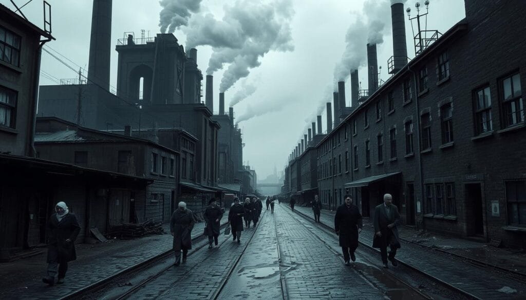 A gloomy, industrial cityscape in Metzingen during the economic crisis of the early 1930s. Towering, dilapidated factories loom over the narrow streets, their smokestacks belching thick, ominous plumes. Weary workers trudge through the muddy cobblestone roads, their faces etched with despair. The once-prosperous textile workshops now stand abandoned, their windows boarded up. A sense of decay and hopelessness permeates the scene, illuminated by a dim, overcast sky and muted tones of gray, brown, and blue. The camera captures this bleak, foreboding atmosphere from a low, wide-angle perspective, emphasizing the overwhelming scale of the crisis.