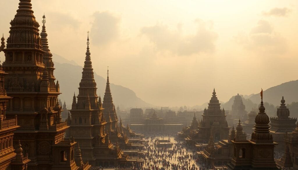 A grand, ancient civilization rises from the mist, its towering spires and ornate architecture illuminated by a warm, golden light. In the foreground, intricate carvings and statues adorn the intricate facades, hinting at a rich cultural heritage. The middle ground is filled with bustling activity, with people going about their daily lives amidst the grandeur of their surroundings. In the distance, majestic mountains loom, their peaks shrouded in wispy clouds, creating a sense of timeless, mysterious beauty. The scene is captured with a wide-angle lens, emphasizing the scale and majesty of this incredible civilization, conveying a sense of awe and wonder.