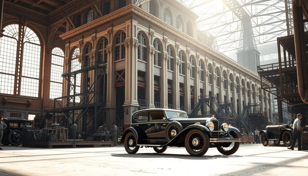 A grand early 20th century automobile factory, the Detroit Automobile Company, stands proudly in the heart of the bustling city. Sunlight streams through large windows, illuminating the intricate assembly lines where skilled workers meticulously craft the latest automotive designs. The building's imposing facade, with its ornate architectural details, conveys a sense of ambition and industrial might. In the foreground, a sleek, gleaming new model sits ready for its debut, a testament to the company's engineering prowess. The scene exudes a palpable air of anticipation, hinting at the promise and peril that would shape Henry Ford's early automotive ventures.