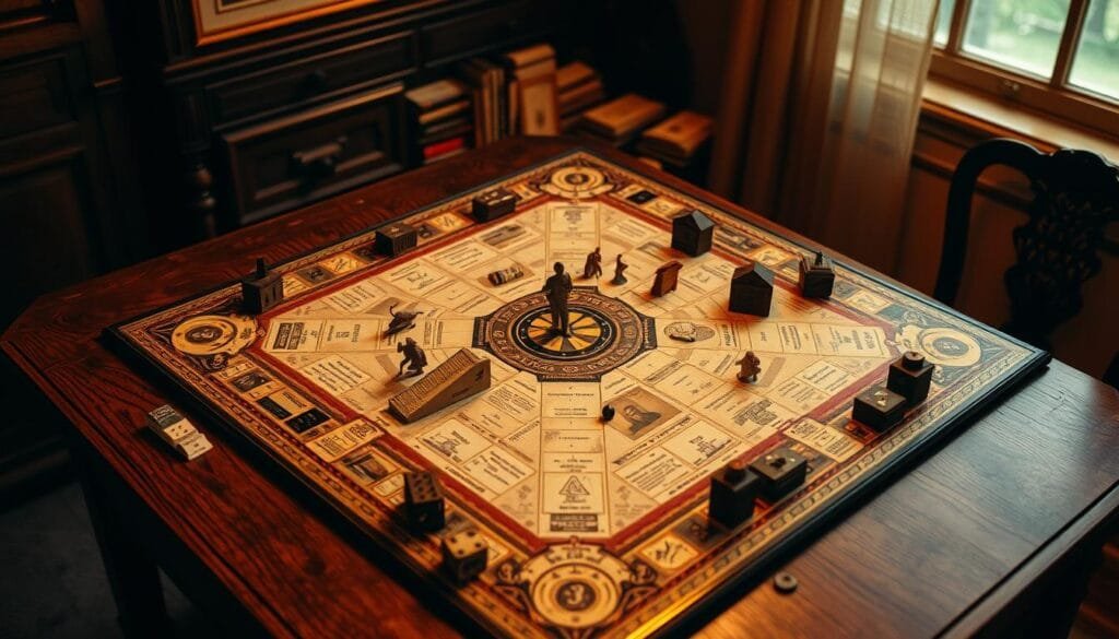 A grand, hand-crafted board game from the late 19th century, The Landlord's Game, sits on a wooden table. Meticulously illustrated property deeds, stylized playing pieces, and vintage dice fill the detailed game board. Warm, soft lighting casts a cozy, nostalgic atmosphere, inviting players to explore the captivating origins of this early iteration of Monopoly. Intricate patterns adorn the game's edges, hinting at the social commentary and economic critique woven into its design. The scene conveys a sense of historical significance, as this pioneering game challenged the status quo and paved the way for the wildly popular Monopoly we know today.
