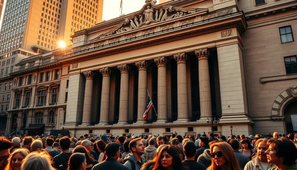 A grand, stately stone edifice stands tall, its intricate architectural details etched in the warm glow of a setting sun. Majestic columns and ornate facades evoke a sense of timeless grandeur, symbolizing the enduring values that underpin the world's financial markets. In the foreground, a diverse crowd of people gathers, each face a unique expression of anticipation, contemplation or quiet resolve, representing the collective spirit that drives the pulse of commerce. The scene is bathed in a golden, amber light, imbuing the moment with a sense of history and tradition. This is the historic stock exchange, a beacon of economic progress and a testament to the unwavering human pursuit of prosperity.