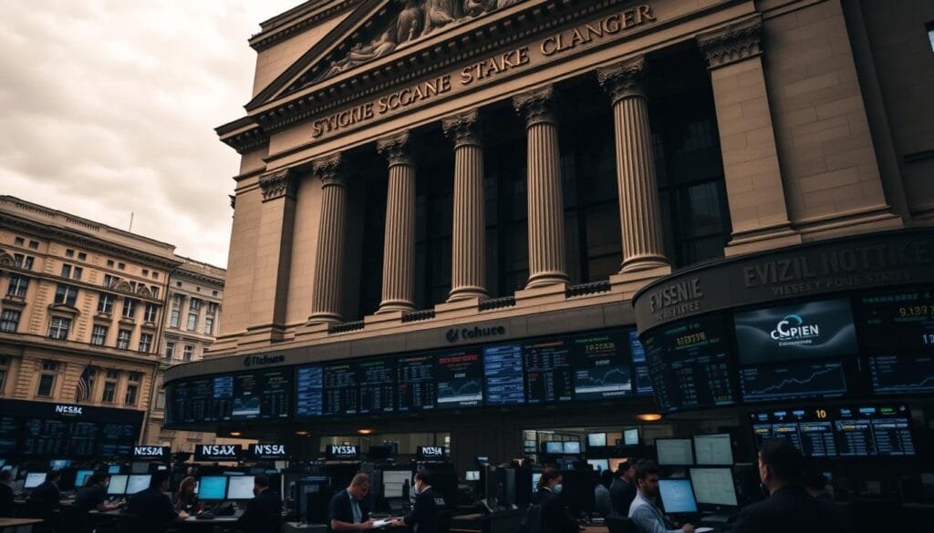 A grand stock exchange building, its facade adorned with columns and ornate architectural details, stands tall against a cloudy sky. Inside, a bustling trading floor with rows of traders intently focused on their screens, monitoring the ever-changing tickers and graphs that represent the pulse of the financial markets. The scene conveys a sense of authority, sophistication, and the inherent power of the stock exchange as the central hub where companies and investors come together to exchange ownership stakes. Soft, dramatic lighting illuminates the proceedings, casting long shadows and creating a sense of gravitas. The overall atmosphere evokes the origins of publicly traded companies and the significance of the stock exchange in facilitating their growth.