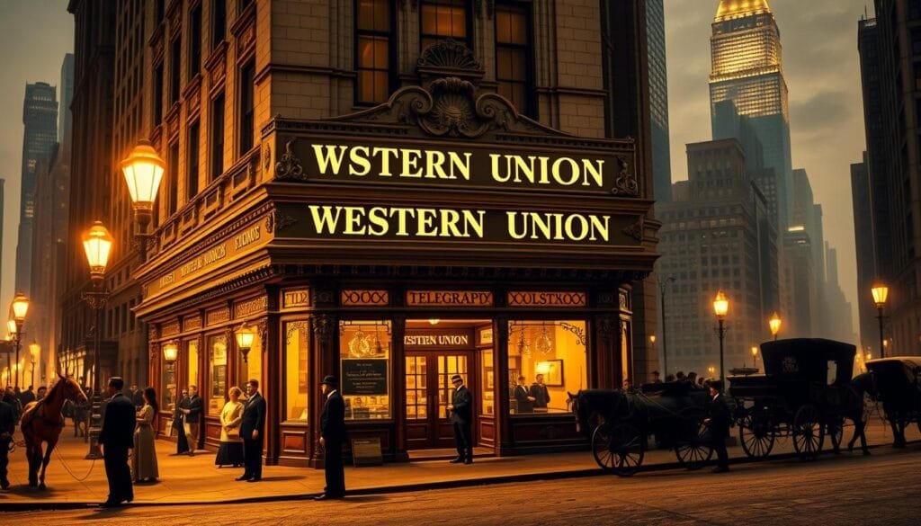 A grand, vintage Western Union telegraph office in the late 19th century, with a ornate facade and intricate architectural details. The storefront is illuminated by warm gas lamps, casting a soft, golden glow across the scene. In the foreground, well-dressed patrons step in and out of the building, some carrying telegrams or money orders. The middle ground features horse-drawn carriages and pedestrians on a bustling city street, while the background is dominated by the silhouettes of towering skyscrapers in the distance, hinting at the rapid technological advancements of the time. The overall mood is one of progress, commerce, and the birth of new financial systems.