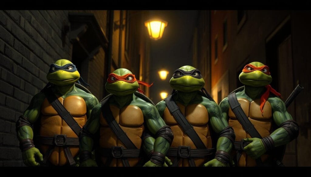 A gritty, realistic rendering of the Teenage Mutant Ninja Turtles from the 2003 animated series. The four turtles stand vigilantly in a dimly lit urban alleyway, their shells illuminated by the warm glow of street lamps. Detailed textures of their shells, masks, and weapons capture the grounded, mature tone of this reimagined take on the classic characters. Subtle hints of Daredevil's influence can be seen in the moody atmosphere and shadowy background. The turtles' expressions convey a sense of purpose and determination, ready to defend the city from the forces of evil.