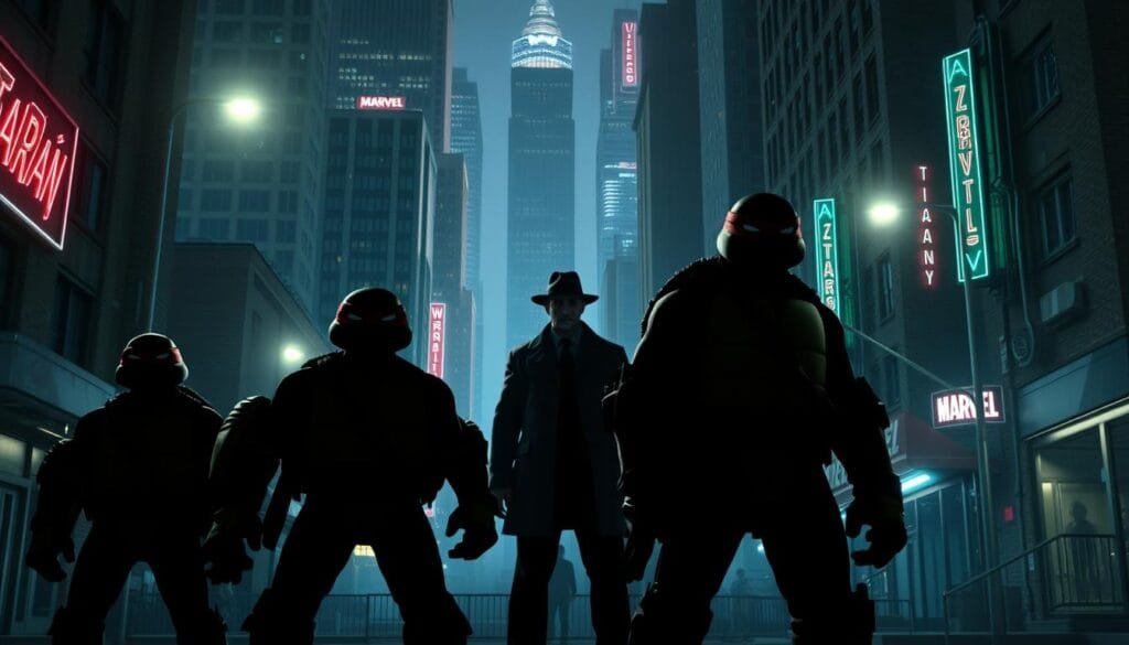 A gritty, urban cityscape at night, illuminated by neon lights and streetlamps. In the foreground, four distinctive silhouettes emerge from the shadows - the Teenage Mutant Ninja Turtles, clad in their signature masks and gear, poised for action. Their figures cast long shadows, hinting at their powerful physiques and ninja prowess. In the middle ground, a lone figure in a trenchcoat and fedora, his face obscured, stands as a mysterious presence, evoking the dark and gritty tone of Marvel's Daredevil. The background is filled with towering skyscrapers, alleyways, and the occasional burst of neon, creating a moody, atmospheric setting that blends the worlds of Ninja Turtles and Daredevil.