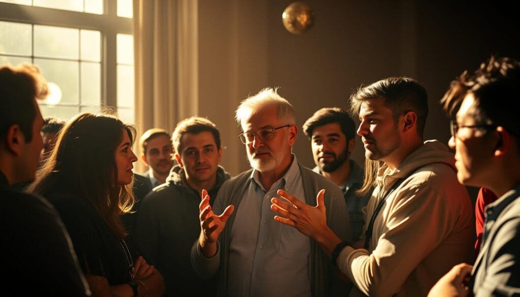 A group of Chilean Bitcoin users gathered around a central figure, their expressions a mix of curiosity and anticipation as they listen intently to an explanation of the "halving" event. The scene is bathed in a warm, golden light, casting subtle shadows that accentuate the users' faces and the details of their surroundings. The central figure, hands gesturing animatedly, appears to be breaking down the complex concept in a relatable and engaging manner, engaging the group in a thoughtful discussion. The overall atmosphere is one of shared understanding and a collective desire to navigate the implications of this critical Bitcoin milestone.