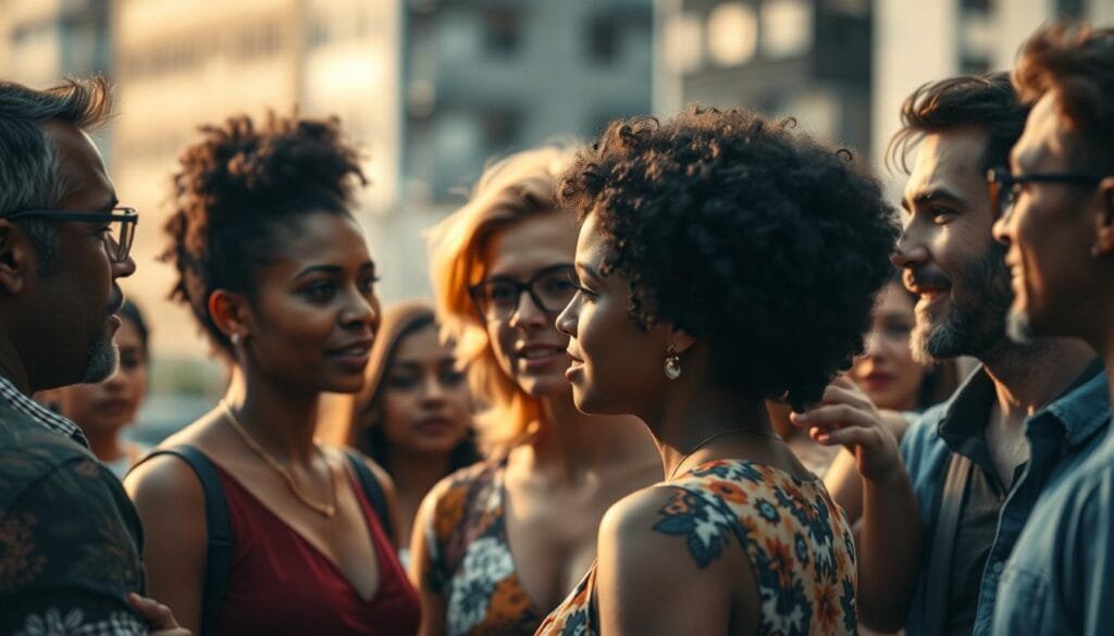A group of diverse personas engaged in social interaction, captured with a cinéma vérité lens. The foreground features vibrant, expressive figures conversing animatedly, their body language and facial expressions conveying a sense of observation and introspection. The middle ground showcases a subtly blurred backdrop, suggesting an urban setting that enhances the psychological atmosphere. Warm, natural lighting accentuates the subjects' features, creating a sense of intimacy and contemplation. The overall composition and mood evoke the concept of the "observer effect" in social psychology, where the presence of an observer can influence the behavior of the observed.
