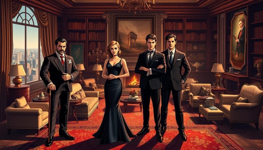 A group of wealthy, sophisticated fictional characters standing confidently in a luxurious setting. In the foreground, a well-dressed man with a cane and monocle, a fashionable woman in a designer gown, and a well-groomed gentleman in a tailored suit. In the middle ground, a collection of lavish furniture, ornate decor, and a grand fireplace. The background is filled with towering bookshelves, expensive artwork, and a large window overlooking a sprawling city skyline. Dramatic lighting casts long shadows, creating a sense of opulence and power. The characters exude an air of affluence and exclusivity, reflecting their status as the financial elite of the fictional world. A group of wealthy, sophisticated fictional characters standing confidently in a luxurious setting. In the foreground, a well-dressed man with a cane and monocle, a fashionable woman in a designer gown, and a well-groomed gentleman in a tailored suit. In the middle ground, a collection of lavish furniture, ornate decor, and a grand fireplace. The background is filled with towering bookshelves, expensive artwork, and a large window overlooking a sprawling city skyline. Dramatic lighting casts long shadows, creating a sense of opulence and power. The characters exude an air of affluence and exclusivity, reflecting their status as the financial elite of the fictional world.