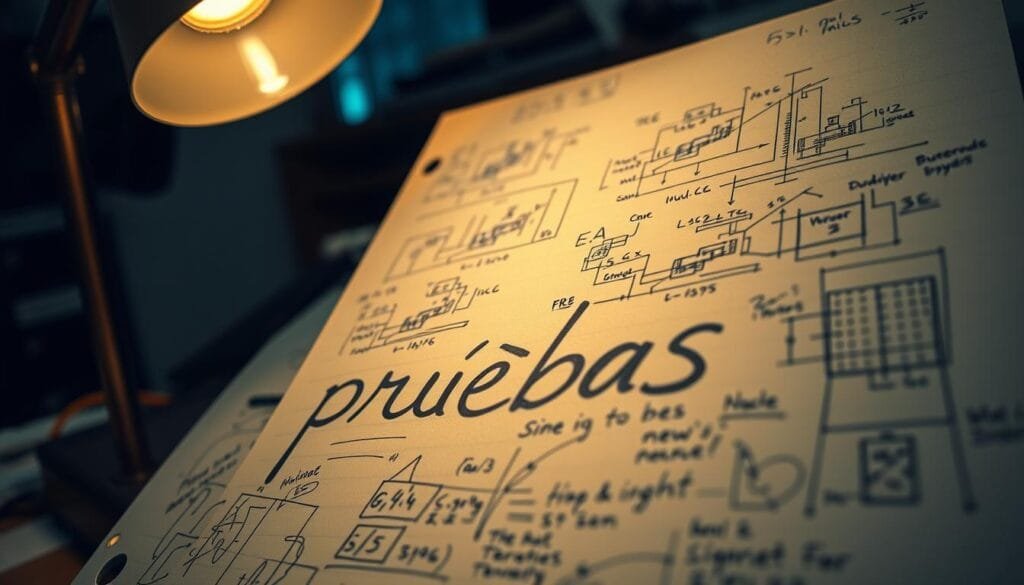 A handwritten page with scribbles, notes, and calculations, partially obscured by overlapping technical diagrams and engineering schematics. The page is illuminated by a warm, desk lamp casting a soft glow, creating an intimate, focused atmosphere. The foreground features bold, cursive handwriting spelling out "pruebas", surrounded by dense, technical sketches and measurements, conveying a sense of meticulous experimentation and problem-solving. The middle ground is occupied by detailed mechanical drawings, while the background blurs into a dimly lit, cluttered workspace, hinting at the process behind the development of a new product.