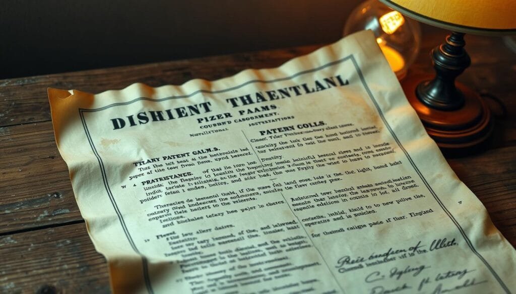 A heavily tarnished, antique-looking patent document from 1924, with crinkled, faded edges and discolored pages. The text is hand-written in black ink, detailing the technical specifications and legal jargon of a new board game invention. The document is placed on a weathered, wooden desk, lit by a warm, soft light from a vintage desk lamp. The background is a muted, neutral tone, drawing the viewer's attention to the aged patent and evoking a sense of historical significance. The overall mood is one of nostalgia and reverence for the origins of a game that would later become a cultural phenomenon.