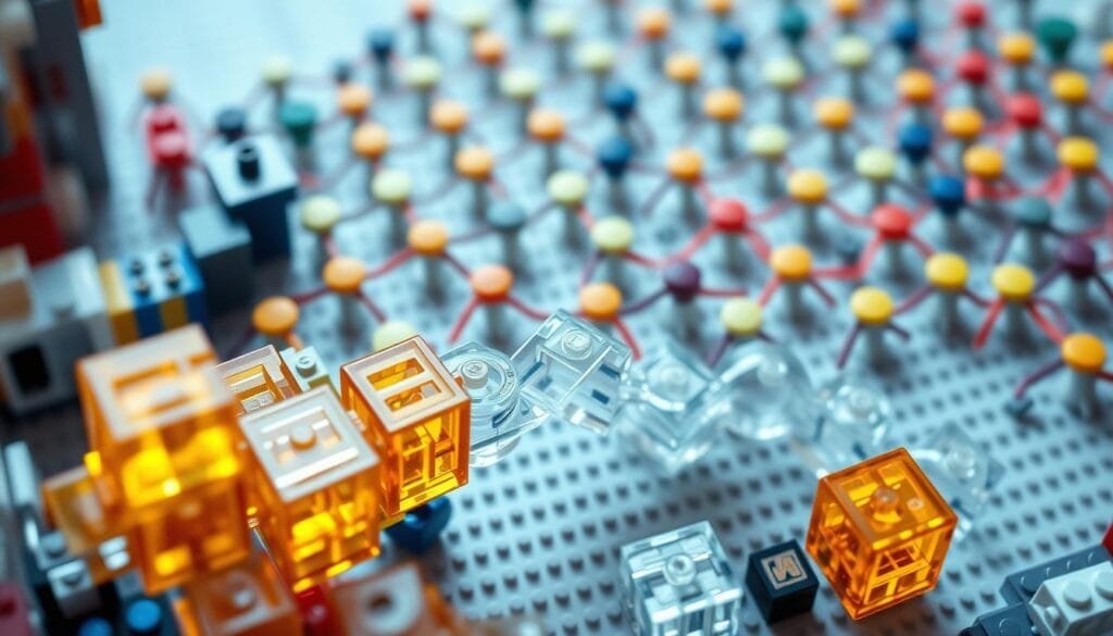 A high-angle view of a meticulously constructed LEGO model depicting the essential components of a blockchain system. In the foreground, a collection of translucent, multicolored bricks represents the individual data blocks, each with intricate internal details. In the middle ground, these blocks are seamlessly linked together, forming a sinuous chain that winds through the scene. In the background, a network of LEGO nodes, each with its own unique shape and color, is arranged in a grid-like pattern, symbolizing the distributed ledger. The lighting is soft and diffused, creating a sense of depth and emphasizing the intricate interplay of the LEGO elements. The overall composition conveys a harmonious balance between the individual components and the broader system they comprise.