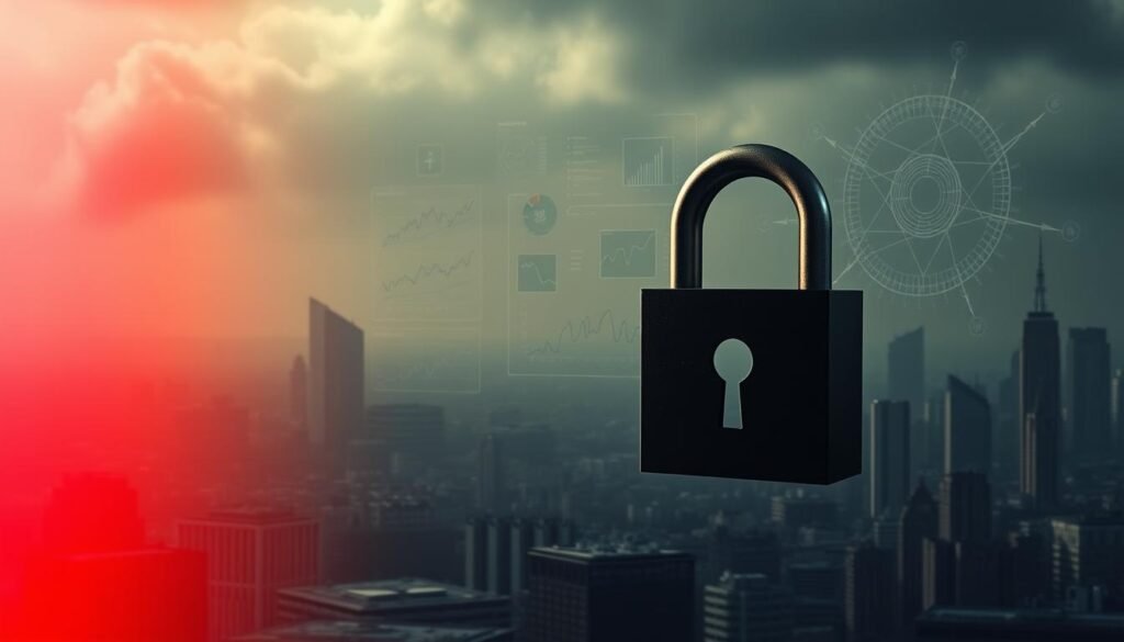 A high-contrast, cinematic image depicting the risks and transparency of stablecoins. In the foreground, a large, ominous lock icon symbolizes the security concerns surrounding these digital assets. In the middle ground, a series of complex graphs and charts represent the opaque financial mechanisms powering stablecoins. In the distant background, a hazy cityscape shrouded in uncertainty evokes the regulatory landscape. The overall tone is one of cautious unease, with dramatic lighting and shadows casting an air of mystery over the scene.
