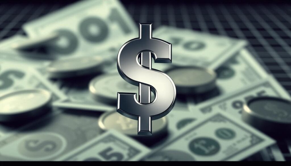 A high-contrast, sharply-focused digital illustration depicting the iconic dollar sign ($) symbol in the foreground. The symbol should have a sleek, modern aesthetic, with bold, clean lines and a metallic or chrome-like finish that catches the light. The middle ground should feature a backdrop of currency notes or coins, conveying the symbol's association with money and finance. In the background, a subdued wireframe grid or geometric pattern could represent the digital age and the symbol's evolution from physical to digital usage. The overall mood should be one of sophistication, technology, and the global reach of the dollar.