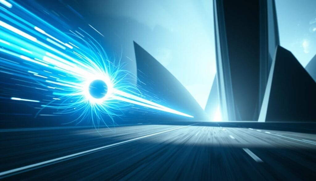 A high-energy particle accelerating through a futuristic landscape, glowing with an ethereal blue-white light. Sleek, angular structures in the background suggest a cutting-edge scientific research facility. The taquion, a theoretical faster-than-light particle, zips through the frame, its trail leaving a luminescent afterimage. Dramatic lighting casts dramatic shadows, heightening the sense of speed and power. The composition places the taquion as the central focus, conveying its significance as the key subject. An atmosphere of scientific discovery and technological advancement permeates the scene.