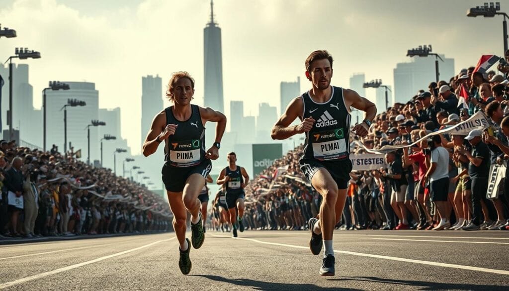 A high-intensity marathon race between fierce athletic rivals, Adidas and Puma. In the foreground, two runners neck-and-neck, straining every muscle as they sprint towards the finish line, their uniforms emblazoned with the iconic logos of the competing brands. The middle ground is filled with a tightly packed crowd of spectators, their faces etched with anticipation and excitement. In the background, the urban skyline rises, a testament to the global scale of this athletic conflict. Dramatic lighting casts long shadows, heightening the dramatic tension. The scene is captured with a wide-angle lens, emphasizing the scale and scope of this epic "battle of the brands" unfolding on the marathon course.