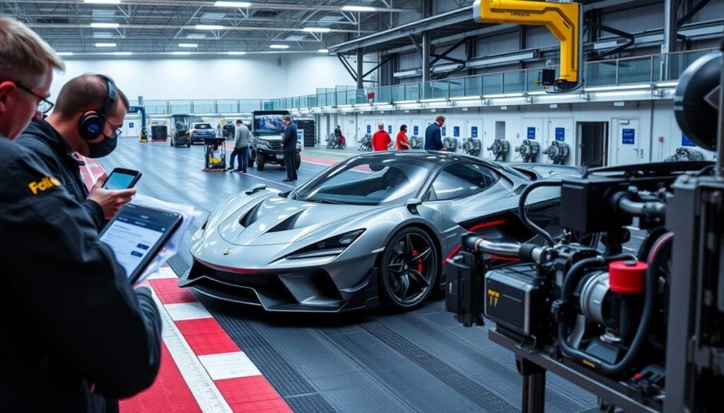 A high-performance sports car undergoes rigorous development and testing on a racetrack. In the foreground, engineers examine the car's performance data, adjusting and fine-tuning various components. The middle ground showcases the car in action, its sleek lines and powerful engine propelling it through sweeping turns. In the background, a state-of-the-art testing facility provides a controlled environment, with technicians monitoring the car's behavior and collecting crucial data. The scene conveys the intense focus, meticulous attention to detail, and relentless pursuit of perfection that define the competitive world of automotive engineering and racing.