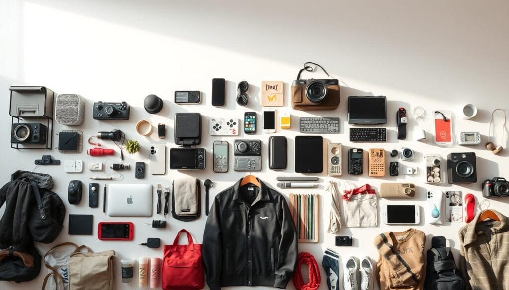 A high-quality assortment of various consumer products arranged neatly on a minimalist white background, illuminated by soft, diffused natural lighting from an overhead source. The products should include a diverse mix of household items, electronics, apparel, and accessories, all appearing slightly out of place or mismatched, hinting at their potential outlet origins. The overall mood should convey a sense of curiosity and subtle unease, inviting the viewer to question the true nature and origin of these "outlet" goods.