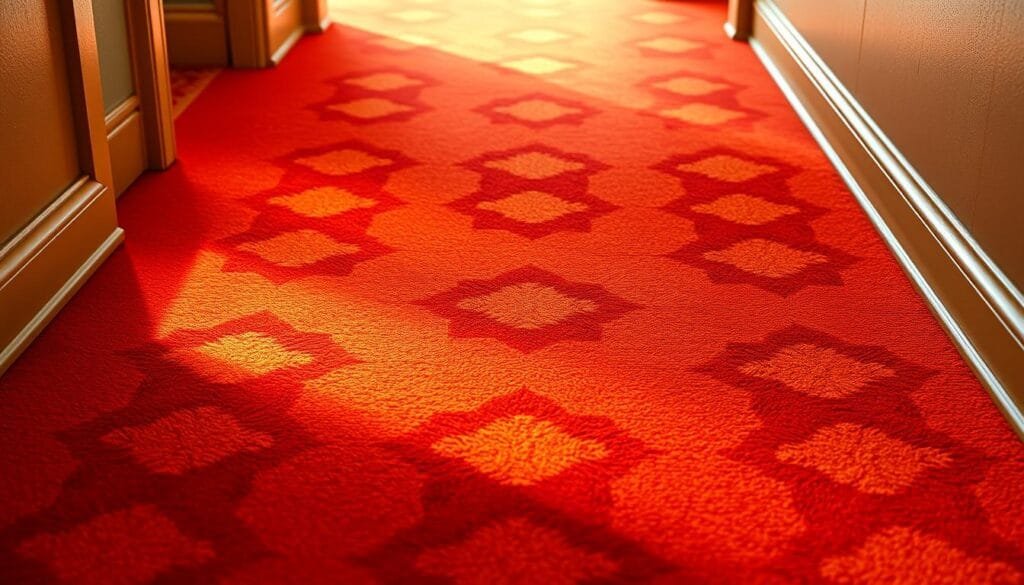 A high-quality close-up photograph of the iconic orange and red geometric patterned carpet from the Sid's house hallway in the Pixar film "Toy Story". The carpet is displayed in a well-lit setting, capturing its detailed and vibrant textures. The image has a sharp focus, highlighting the distinct shapes, colors, and intricate design that evoke the classic horror film "The Shining". The lighting is natural and diffused, creating a warm and inviting atmosphere that juxtaposes the unsettling connection between the two films. The camera angle is positioned to fill the frame with the full breadth of the carpet, showcasing its expansive nature.