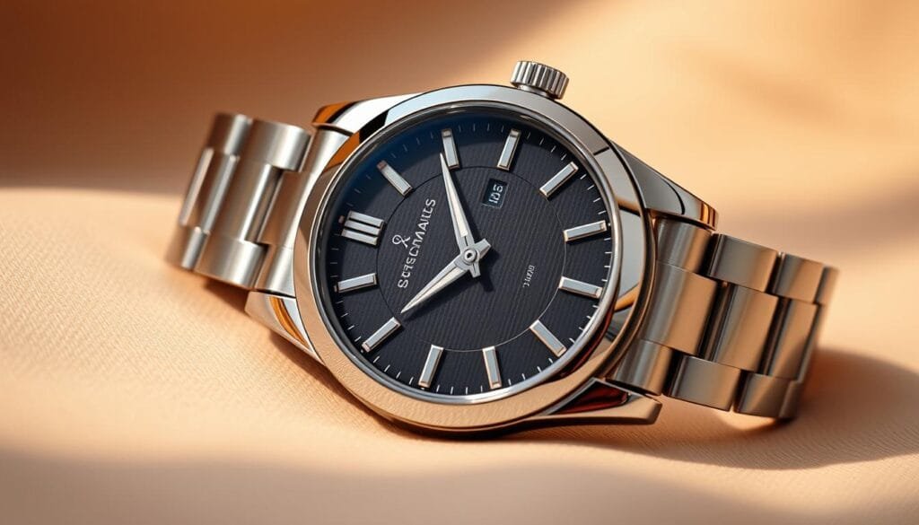 A high-quality, luxurious wristwatch in a close-up shot, showcasing its intricate Swiss-made movement and elegant stainless steel case. The timepiece has a classic, timeless design with a polished chrome bezel and a subtly textured, matte black dial. The watch is positioned on a soft, neutral-colored fabric backdrop, allowing the craftsmanship and attention to detail to take center stage. The lighting is warm and directional, casting subtle shadows that highlight the watch's dimensional features. The overall mood is one of precision, sophistication, and the enduring legacy of Swiss horology.
