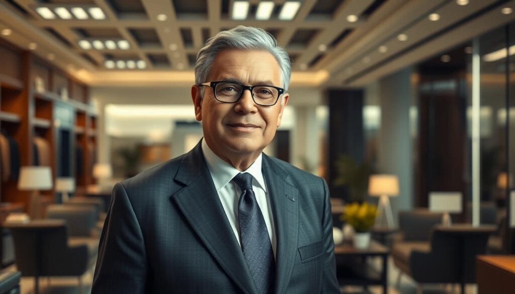A high-resolution, photorealistic image of Clemente Falabella, the founder of the Falabella retail chain, standing in a well-lit, sophisticated office space. Falabella is dressed in a sharp, tailored suit, exuding an air of confidence and professionalism. The background features sleek, modern furniture and decor, conveying the growth and success of the Falabella brand. The lighting is soft and directional, highlighting Falabella's poise and attention to detail. The image captures the essence of Falabella's pioneering spirit and the company's transition from a small tailoring shop to a retail giant, reflecting the "Clientes, servicio y operaciones: del crédito a la omnicanalidad" section of the article.