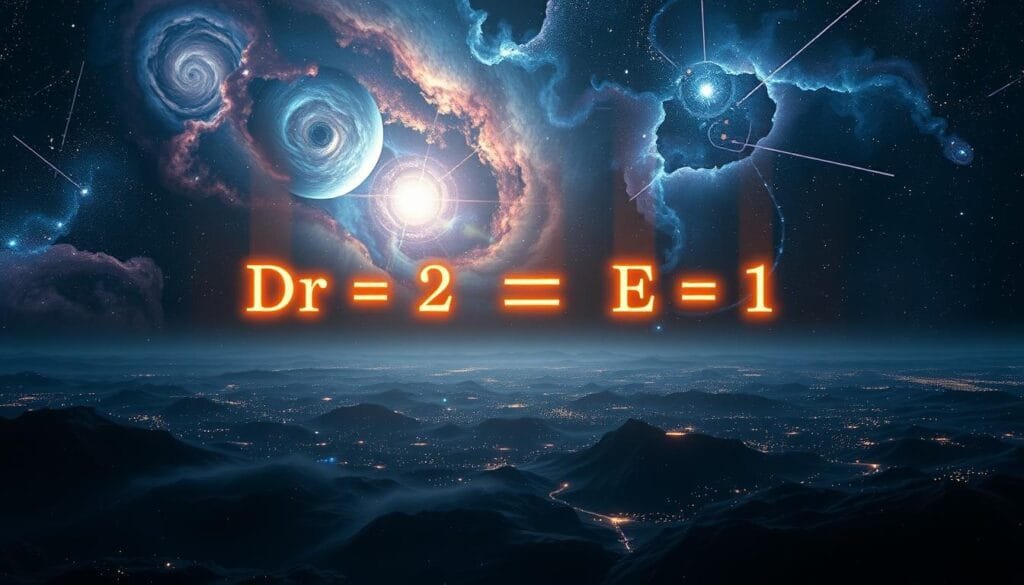 A highly detailed, scientifically accurate illustration of the Drake equation, depicted as a complex mathematical formula suspended in a vast, ethereal cosmic landscape. The equation's variables are represented by glowing, holographic symbols, floating against a backdrop of swirling nebulae, distant galaxies, and the enigmatic darkness of the unknown. The overall composition conveys a sense of both the abundance of potential worlds in the universe and the sobering mystery of why no advanced alien civilizations have yet been detected, in line with the article's subject matter.
