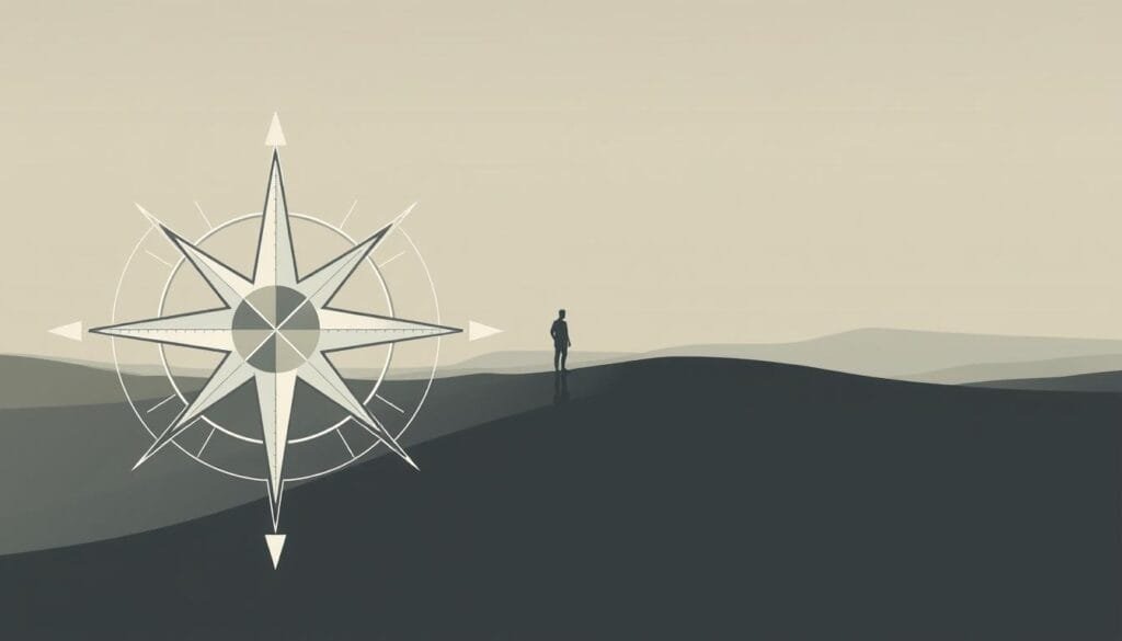 A highly detailed vector illustration depicting the concept of a "sense of direction". In the foreground, a geometric compass rose or navigator's star serves as the focal point, its lines and shapes conveying a feeling of precision and orientation. In the middle ground, a simplified human figure stands within a minimalist landscape, suggesting the challenge of navigating one's surroundings. The background features a subtly textured gradient, evoking the idea of an abstract, mental space. The overall mood is one of clarity, strategy, and the interplay between the innate and the learned aspects of spatial awareness. Rendered in a clean, modern aesthetic with a muted color palette, emphasizing the technical and conceptual nature of the subject matter.
