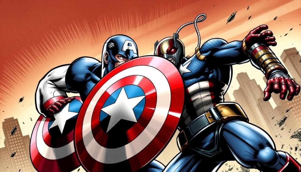 A historical comic book cover set in July 2011, depicting the iconic Marvel superhero Captain America and the lesser-known Ant-Man in a dynamic, action-packed scene. The composition showcases the two heroes locked in combat, with Captain America's patriotic shield and Ant-Man's insect-like abilities on full display. The background features a city skyline, hinting at the larger narrative and the heroes' role in shaping the Marvel Cinematic Universe. The lighting is dramatic, with shadows and highlights accentuating the muscular forms and intense expressions of the characters. The overall tone conveys a sense of heroism, conflict, and the evolving legacy of the Avengers.