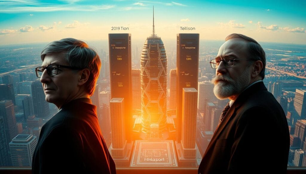 A historical comparison of Bill Gates, Jeff Bezos, and Larry Ellison, set against a backdrop of a futuristic, high-tech cityscape. The three tech titans stand in the foreground, their silhouettes backlit by a warm, golden glow, symbolizing their influential roles in shaping the digital landscape. The middle ground features a mix of skyscrapers, gleaming servers, and holographic displays, conveying the rapid evolution of technology. In the distance, a panoramic view of the city stretches out, hinting at the broader impact and legacy of these visionary entrepreneurs. The scene is captured with a cinematic, wide-angle lens, creating a sense of grandeur and scale, while the careful use of lighting and composition emphasizes the power and significance of these pioneering figures.