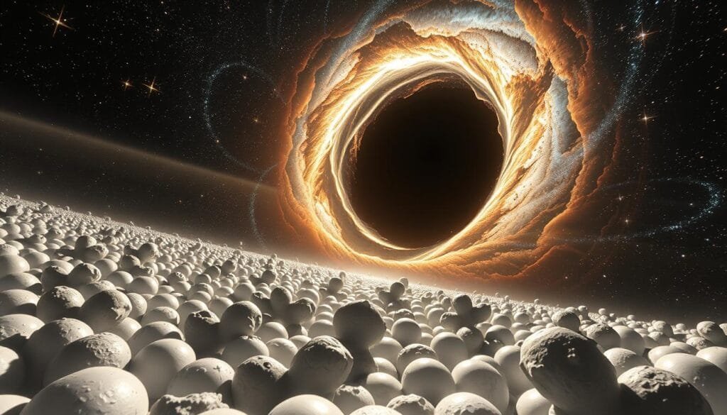 A hypnotizing scene of white dwarf stars and supermassive black holes, captured in stunning detail. In the foreground, a dense cluster of brilliant white dwarfs emits an ethereal glow, their intense gravity warping the very fabric of spacetime. In the middle ground, a towering black hole dominates the scene, its event horizon a maw of infinite darkness, devouring all that comes too close. The background is a tapestry of distant galaxies, their shapes distorted by the immense gravitational lensing of the black hole's singularity. The lighting is dramatic, with chiaroscuro shadows accentuating the dramatic interplay of light and dark. Captured through a wide-angle lens, the scene conveys a sense of awe and wonder at the extreme phenomena governing the life and death of stars in the most extreme corners of the universe. A hypnotizing scene of white dwarf stars and supermassive black holes, captured in stunning detail. In the foreground, a dense cluster of brilliant white dwarfs emits an ethereal glow, their intense gravity warping the very fabric of spacetime. In the middle ground, a towering black hole dominates the scene, its event horizon a maw of infinite darkness, devouring all that comes too close. The background is a tapestry of distant galaxies, their shapes distorted by the immense gravitational lensing of the black hole's singularity. The lighting is dramatic, with chiaroscuro shadows accentuating the dramatic interplay of light and dark. Captured through a wide-angle lens, the scene conveys a sense of awe and wonder at the extreme phenomena governing the life and death of stars in the most extreme corners of the universe.